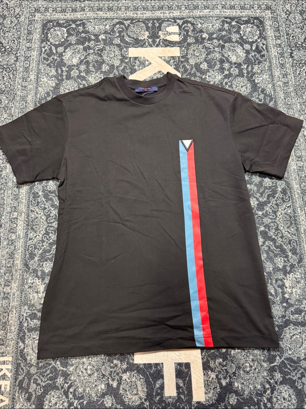 Louis Vuitton Black Short-Sleeve Tee with Blue & Red Vertical Stripe